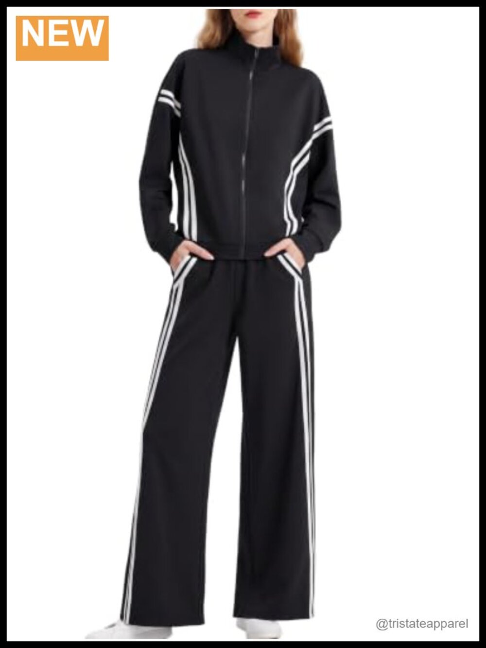 Women's 2 Piece Zip Up Lounge Set Wide Leg Striped Tracksuit Polyester Rayon
